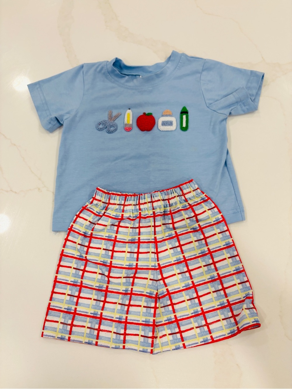 Little Red Wagon Smocks French Knot Blue School Tee with Plaid Shorts Set 18mo